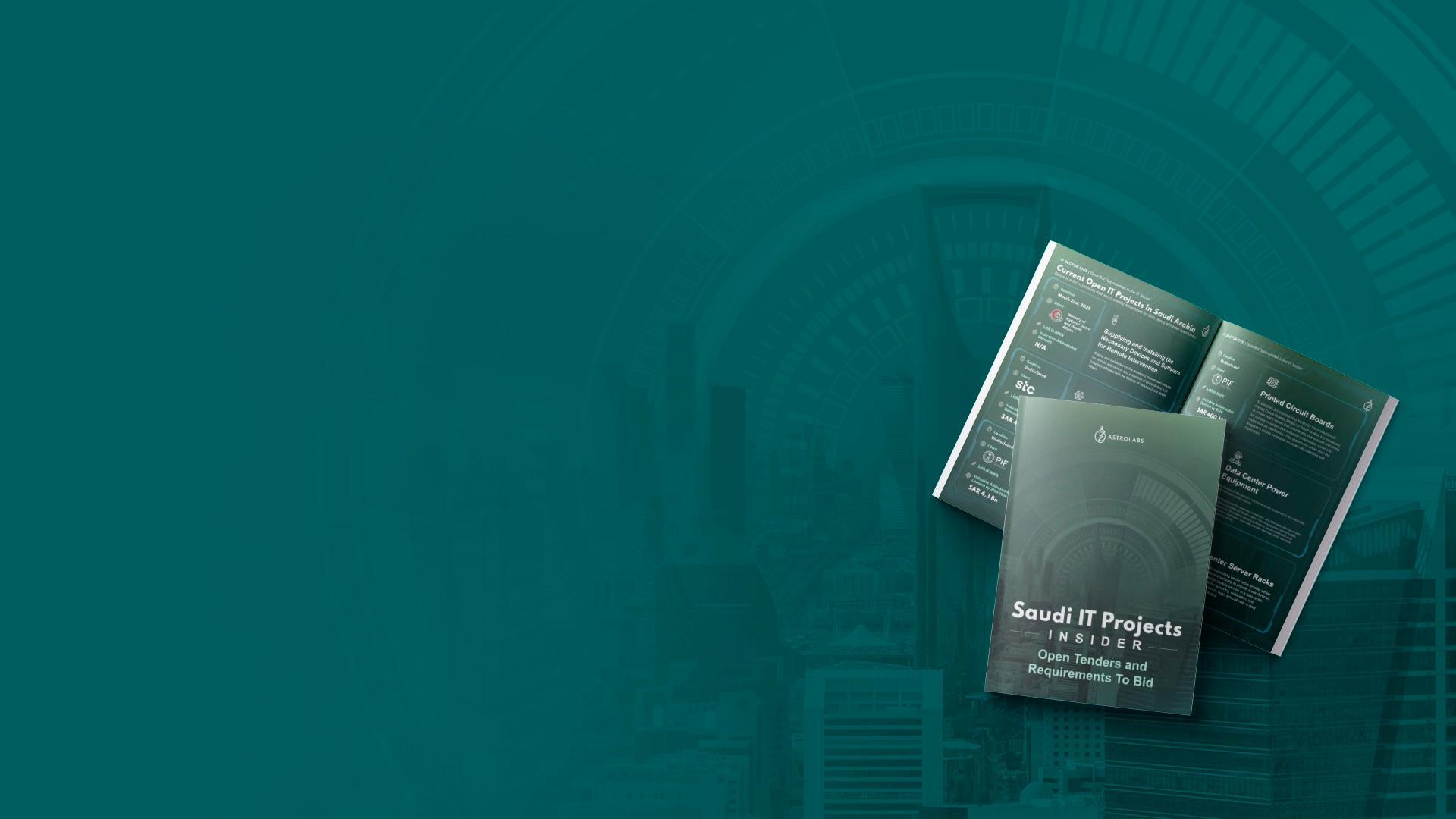 Saudi IT projects e-book mockup image with riyadh skyline